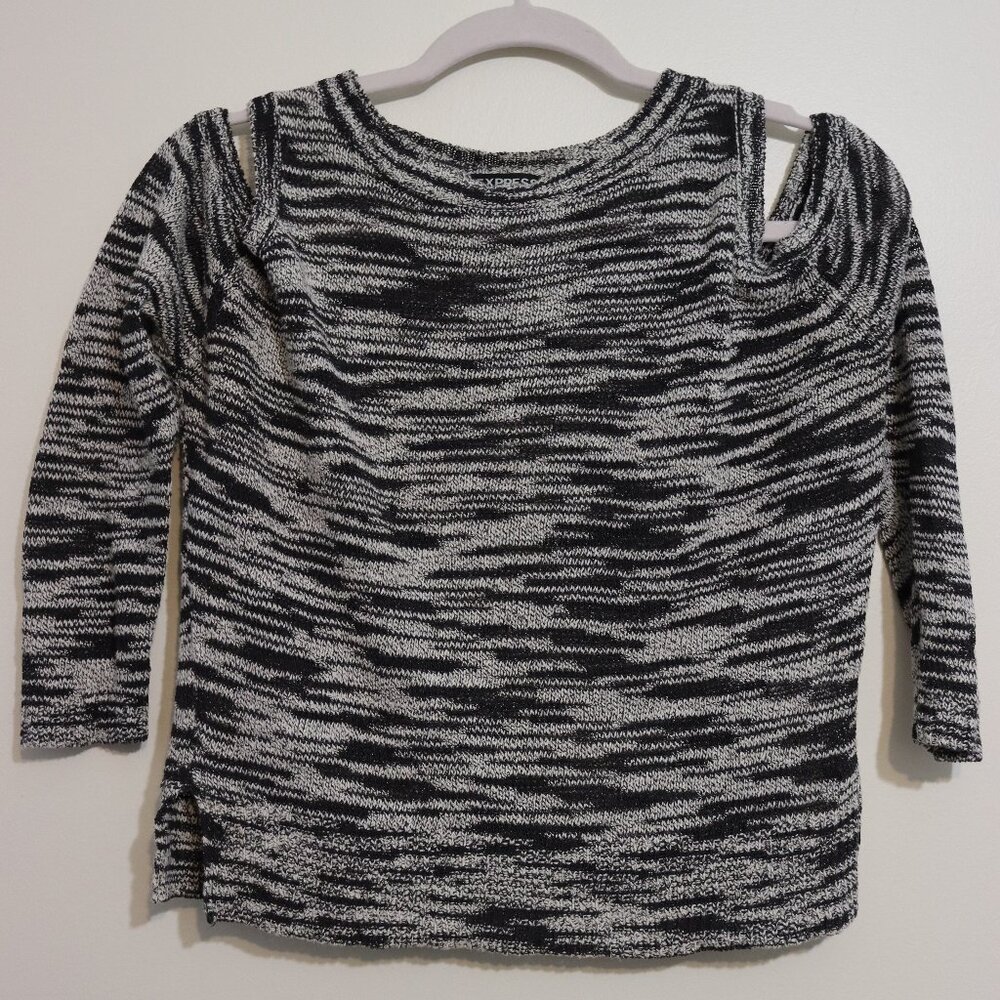 Express Cold Shoulder Knit Sweater Top - Black White Stripe - S